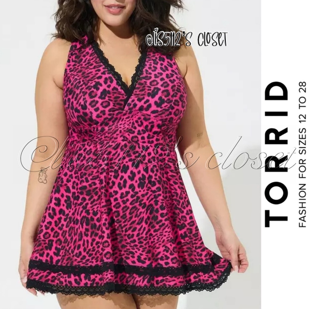 Torrid Hot Pink & Black Leopard Print Wireless Swim Dress Swimsuit 3X 22 24